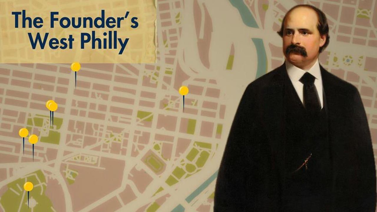 A cut-out painting of Anthony J. Drexel in front of a map labeled "The Founder's West Philly."