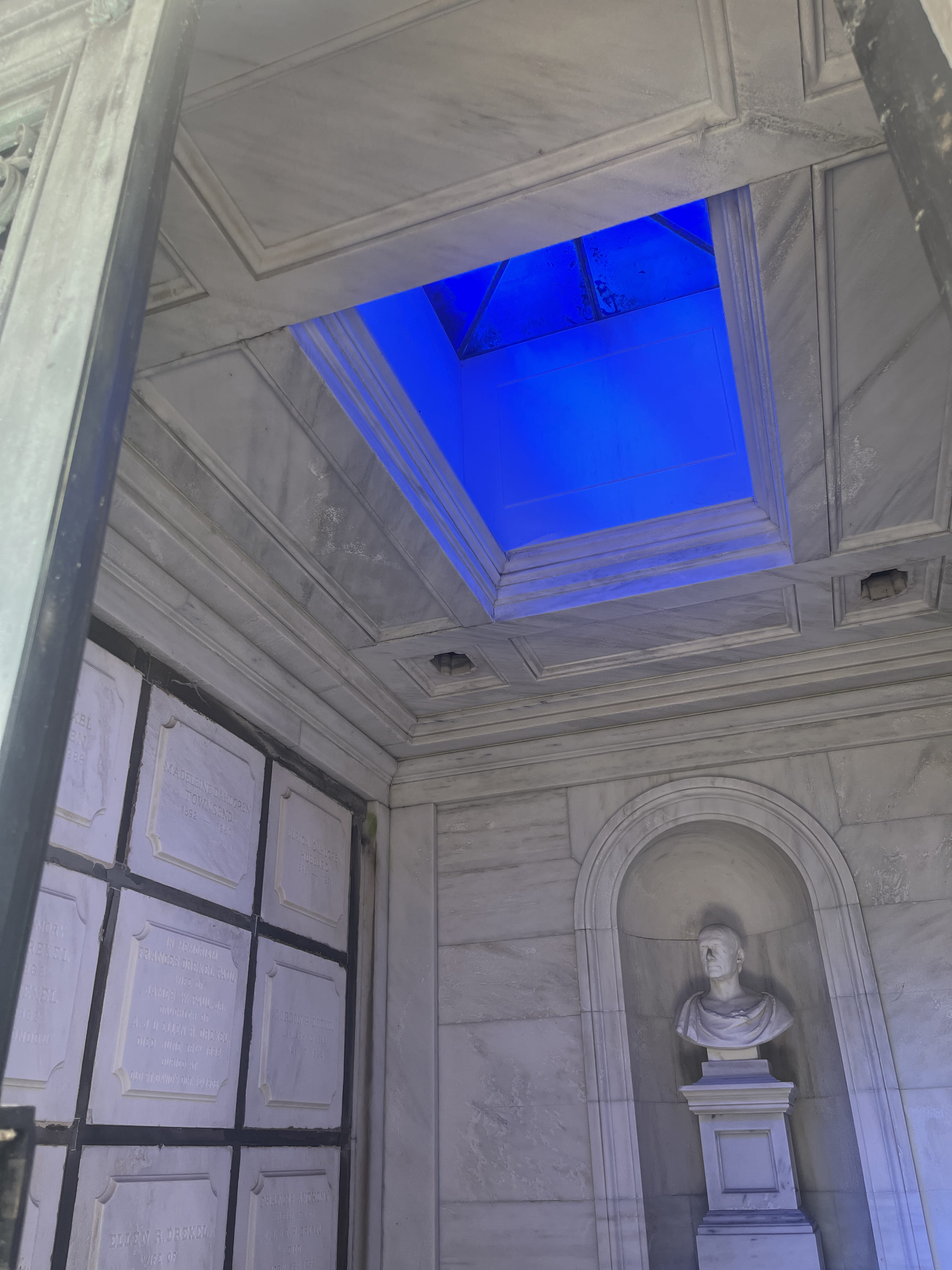 The interior of the Drexel Family Mausoleum in the Woodlands cemetery. The bust is of family patriarch Francis Martin Drexel, Anthony’s father.