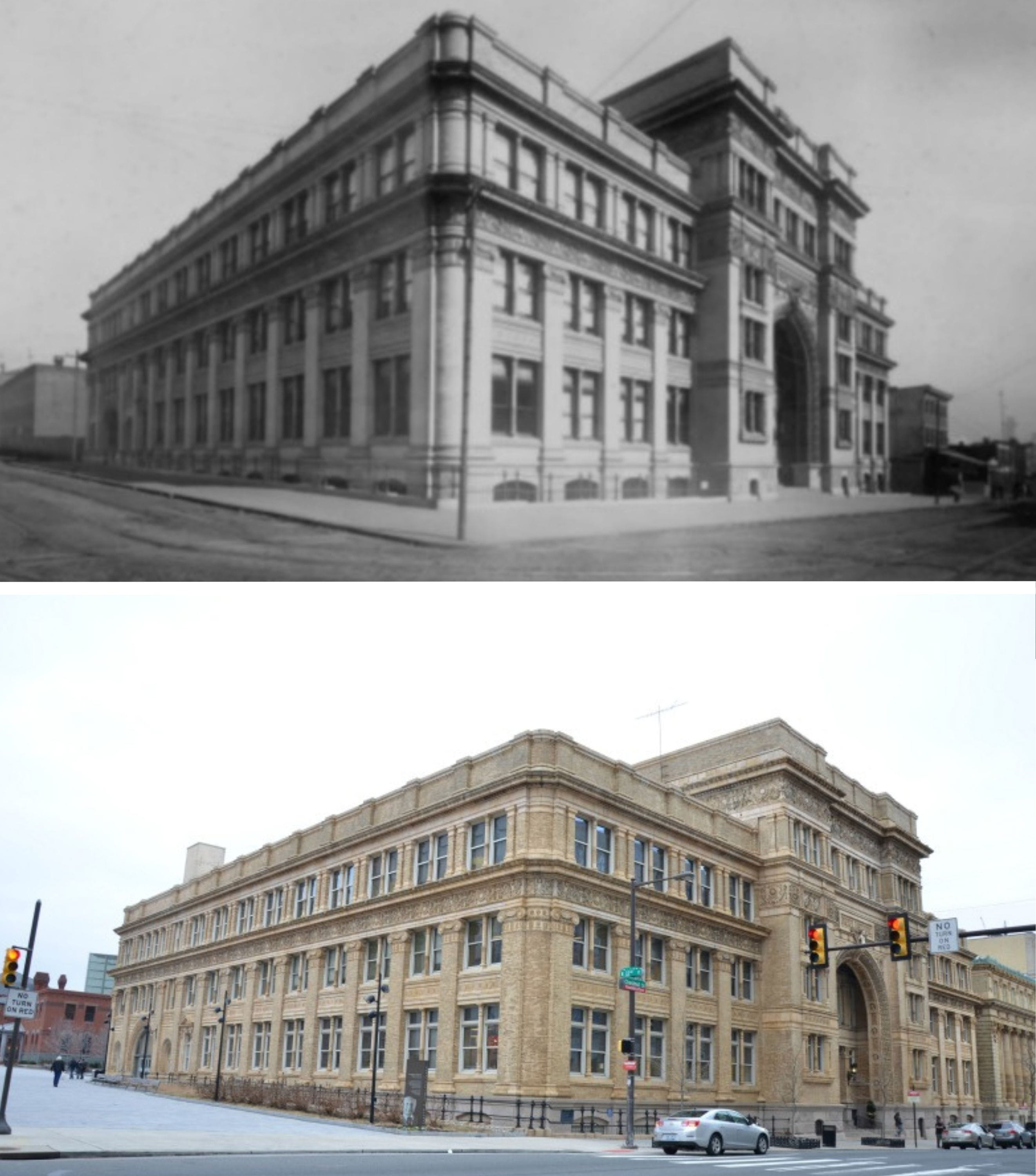 A historical black and white photo of Main Building on top of a modern color photo of the same site.