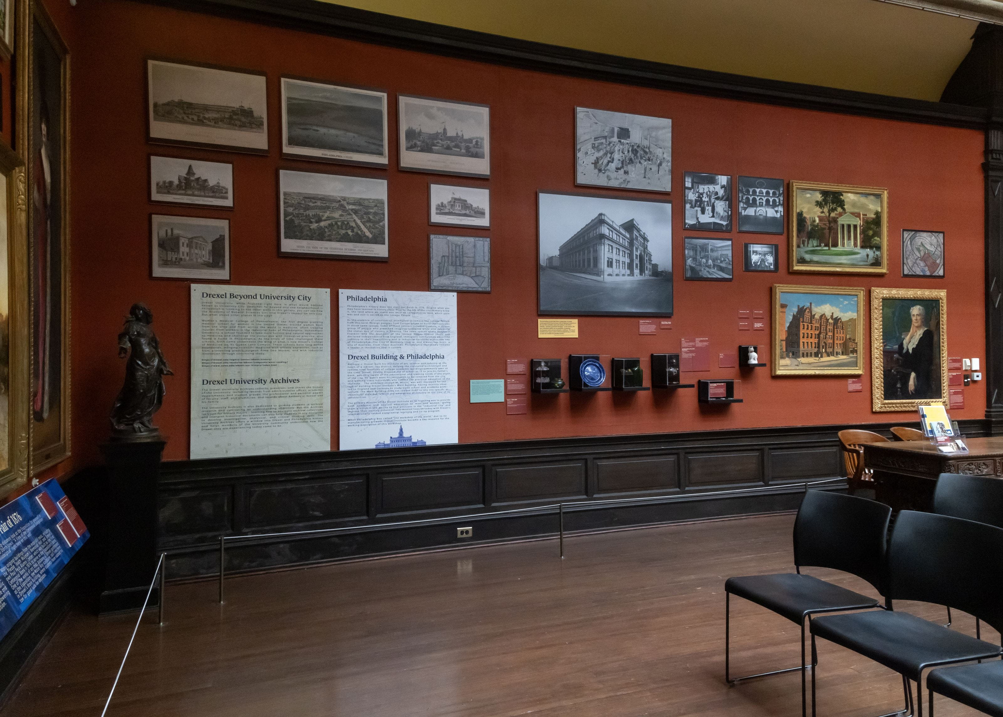 The industry themed walls, shown here, contain a mix of art and historical photographs of the University and Philadelphia. 