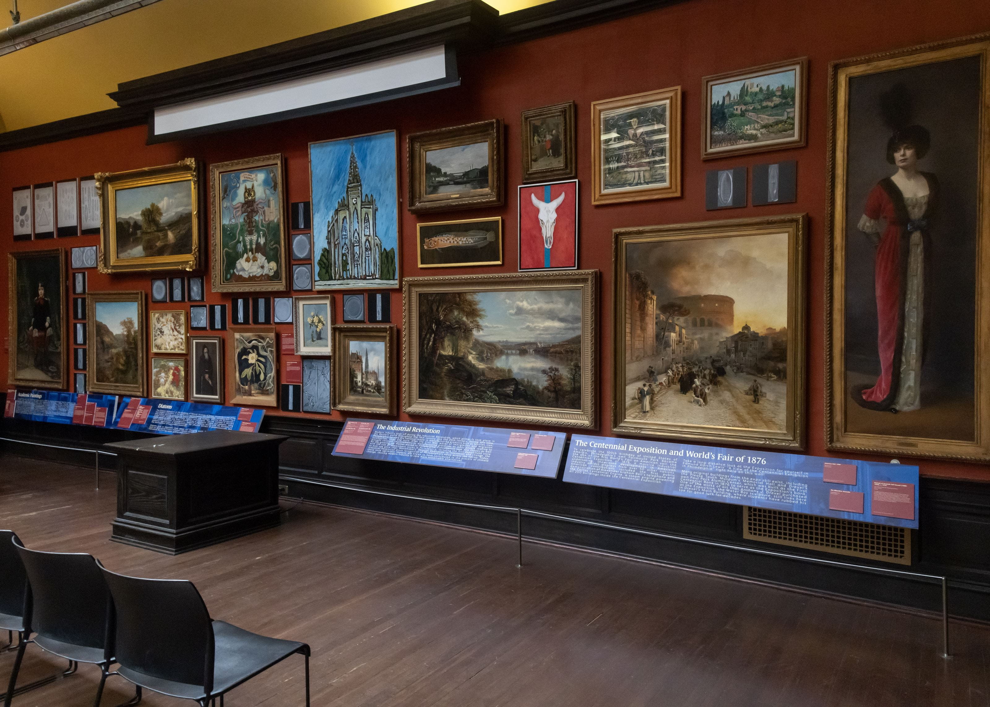 This wall showcases art from Drexel's collections. 