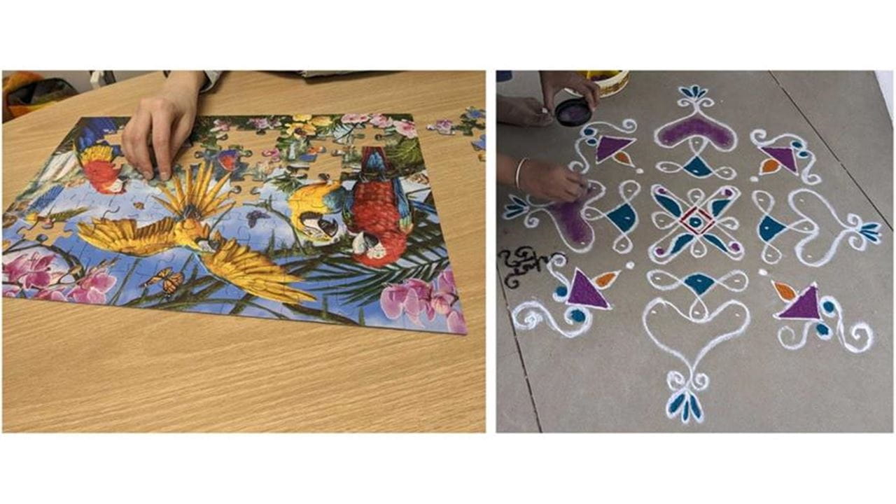 Split photo of a participant completing the puzzle-making task (left) and the heritage artmaking task of making an intricate drawing with chalk (right)