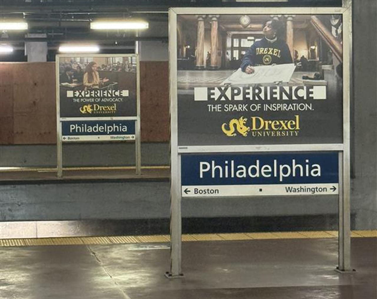 Drexel advertisement in the Amtrak platform of 30th Street station