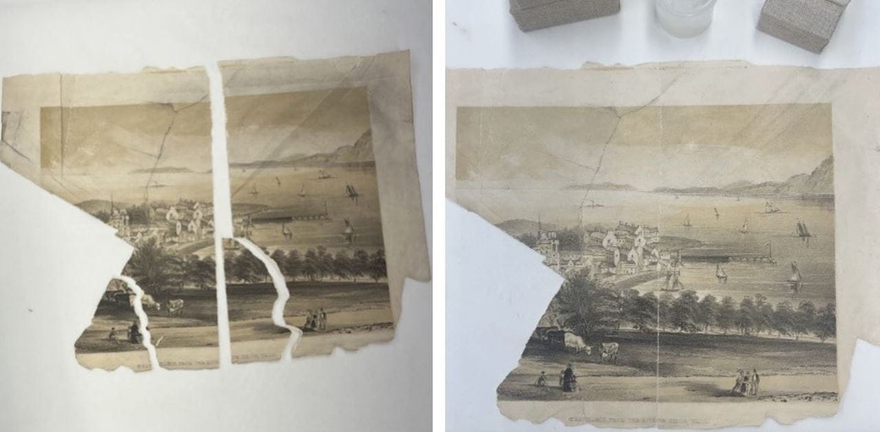 Two pieces of paper side by side in a before and after shot with torn pieces shown in the left picture repaired in the right picture. 