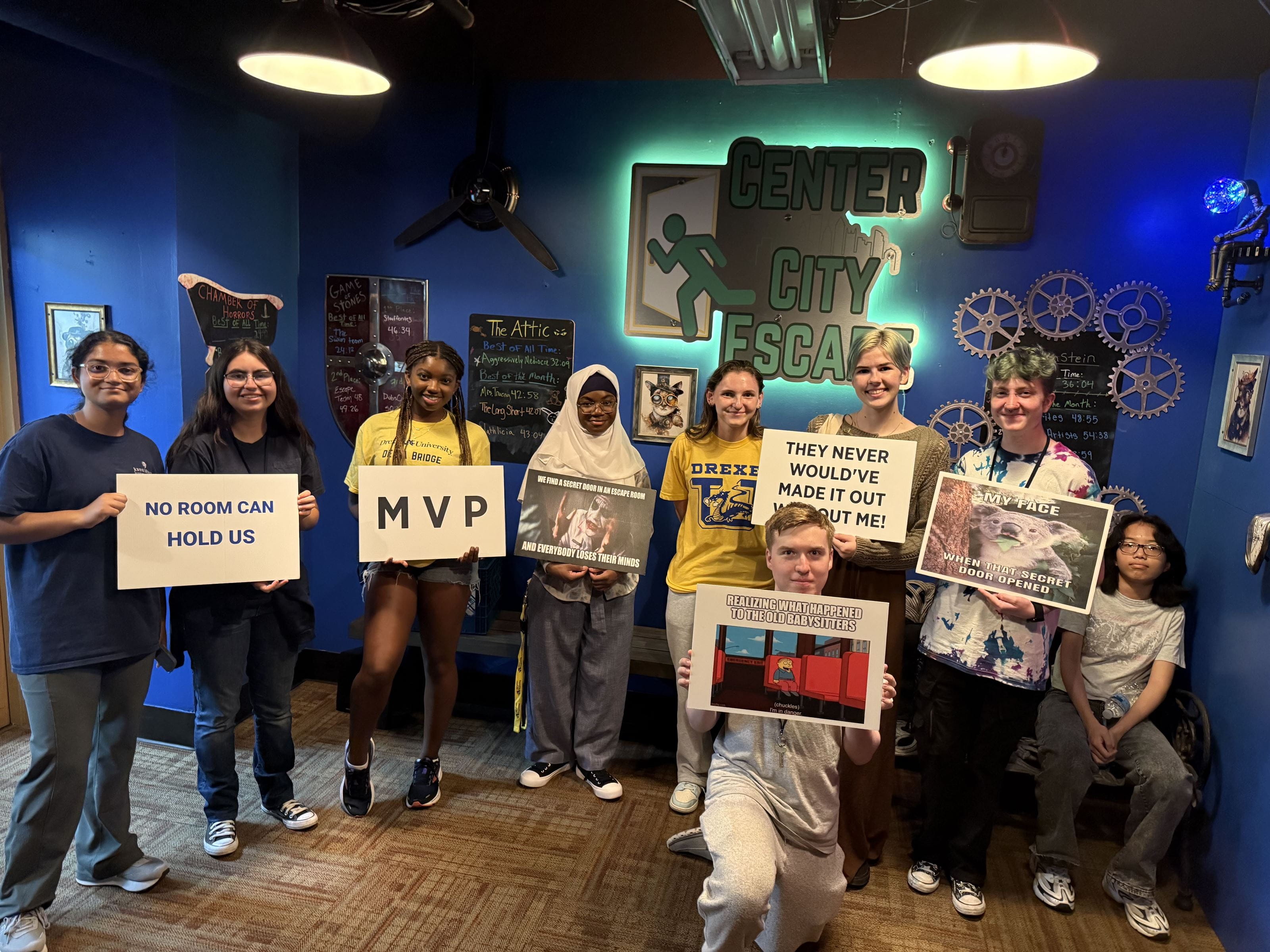 Drexel students photographed in an escape room.
