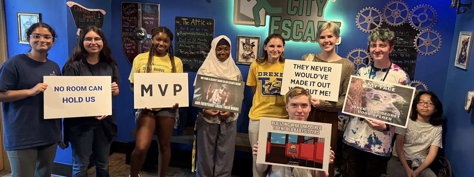 Drexel students photographed in an escape room.