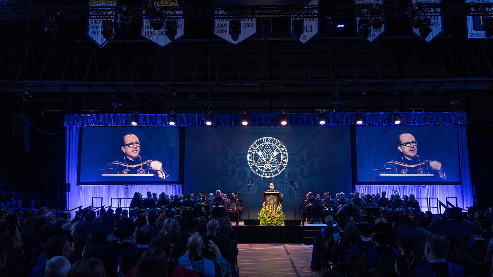 Dragons and friends of the University gathered in Drexel’s Daskalaskis Athletic Center to attend the April 16 investiture ceremony.