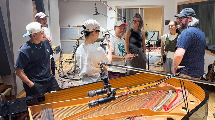 The Chujos and their staff — Daito Kashiwabara, Ayaka Ikeda and Renpei Washizu — shot behind-the-scenes content during their tour of the Music Industry Program’s flagship recording studio, Studio One, as Julien and Brendan Monahan, studio manager, looked on. Photo courtesy Monika Julien.