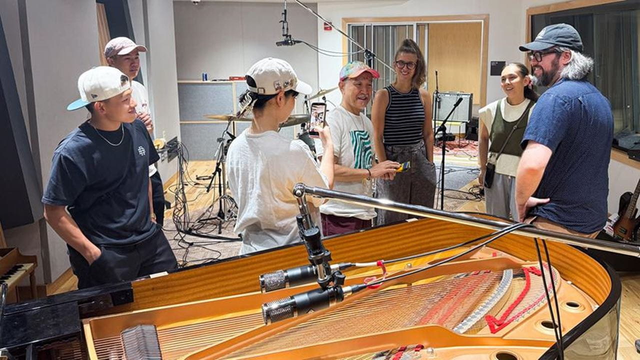 The Chujos and their staff — Daito Kashiwabara, Ayaka Ikeda and Renpei Washizu — shot behind-the-scenes content during their tour of the Music Industry Program’s flagship recording studio, Studio One, as Julien and Brendan Monahan, studio manager, looked on. Photo courtesy Monika Julien.