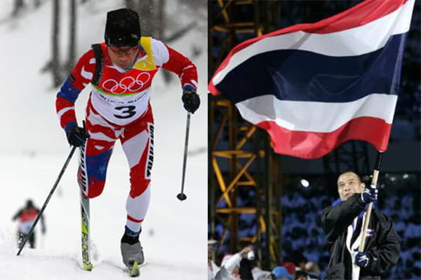 Two side-by-side photos of Prawat Nagvajara cross-country skiing and holding a Thai flag in a long black coat.