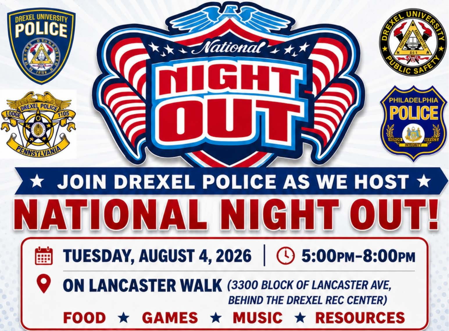 National Night Out  is Tuesday Aug. 4 from 5–9 PM at Lancaster Walk and hosted by Drexel Public Safety.
