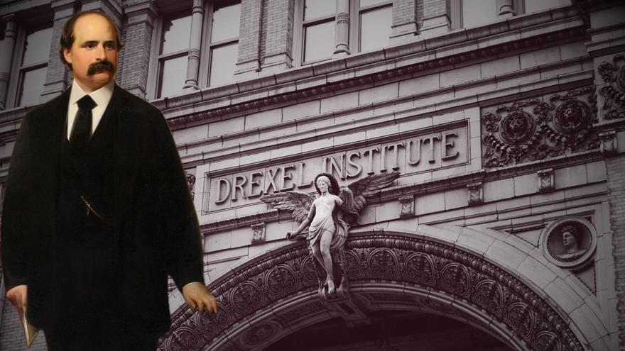 Anthony J. Drexel's painting superimposed over Main Building's Chestnut Street entrance reading "Drexel Institute"