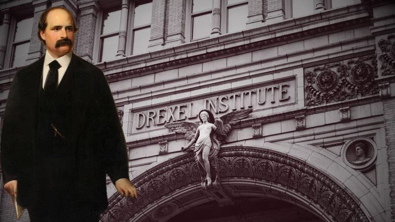 Anthony J. Drexel's painting superimposed over Main Building's Chestnut Street entrance reading "Drexel Institute"