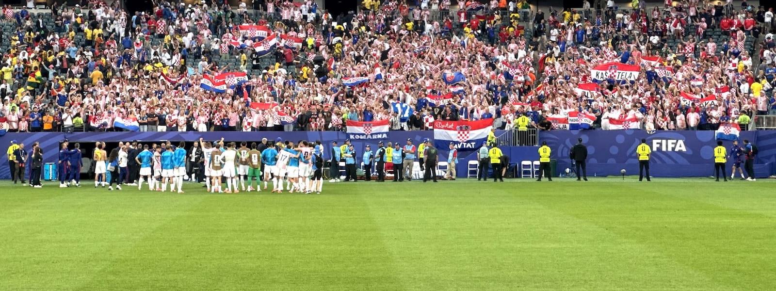 Pictured here is the Croatian team celebrating with their supporters after their 2–1 win over Ghana on June 27 at Philadelphia’s Lincoln Financial Field, which earned them a spot in the World Cup knockout round. 