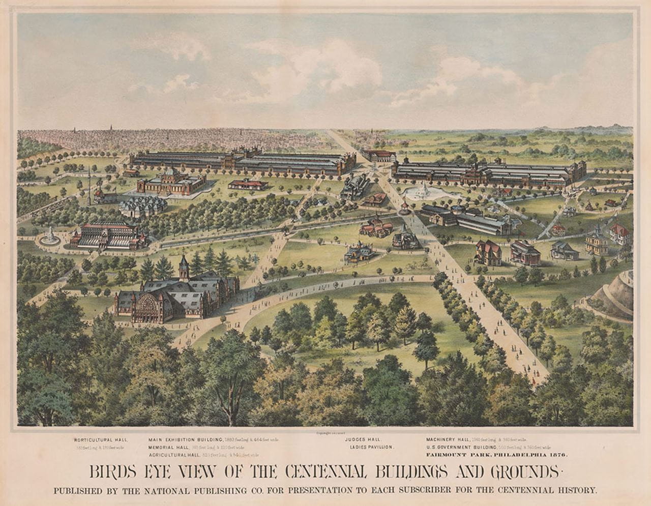A print showing a birds-eye view of the 1876 Centennial Exhibition.