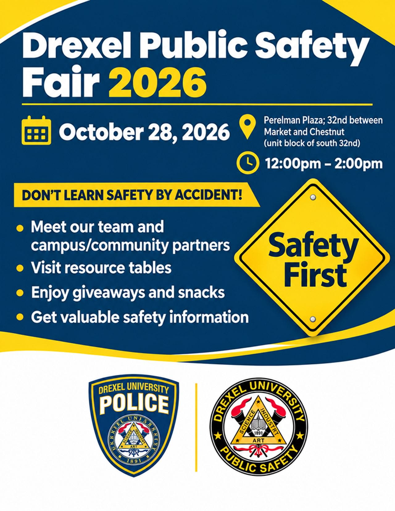 A poster for the Drexel Public Safety Fair on Perelman Plaza, Oct. 28, 12– 2 p.m. 