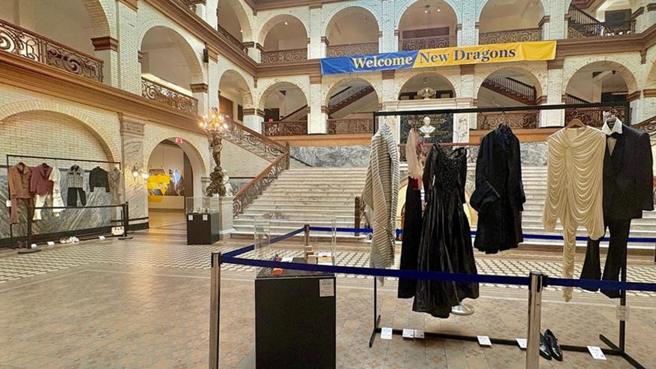 A view of hanging clothes in the Great Court of Drexel's Main Building.