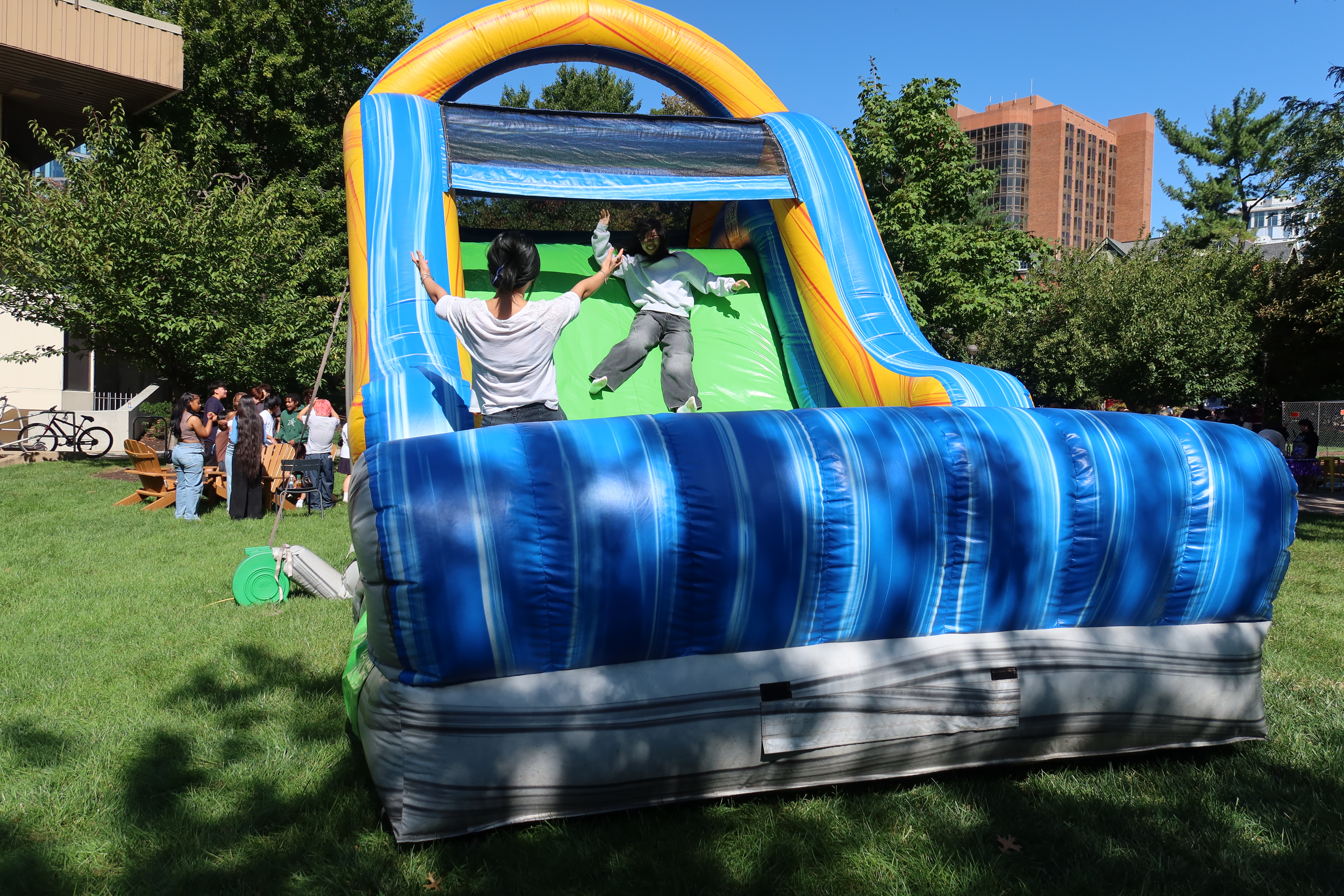 Students on inflatables