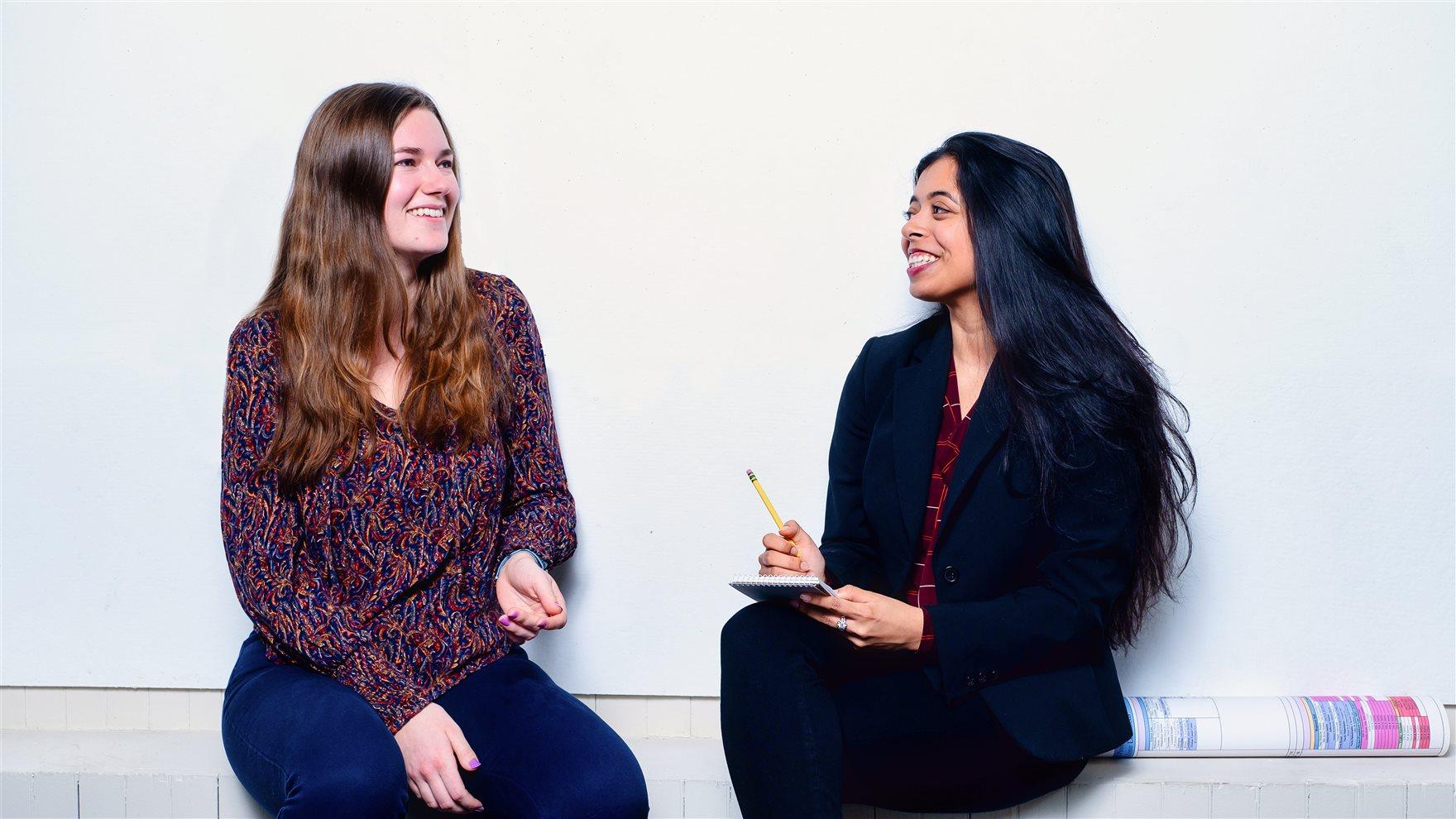 Raisa Sharif, a second-year computer engineering student co-oping at SEPTA, and Taylor LaFountain, a fourth-year architectural and civil engineering student co-oping at Philadelphia Parks & Recreation, interviewing each other 