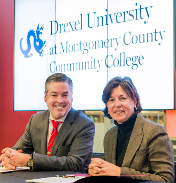 Drexel President John A. Fry with Montgomery County Community College President Karen A. Stout