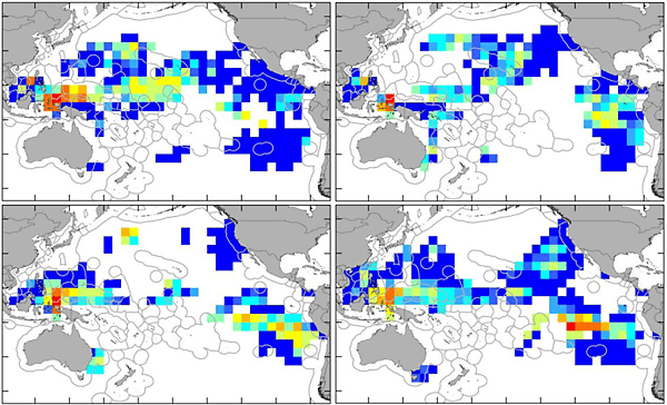 Maps showing probable relative interactions between leatherback turtles and industrial longline fisheries in the Pacific, over four quarters of the year. (Top row: Q1-Q2. Bottom row: Q3-Q4.)