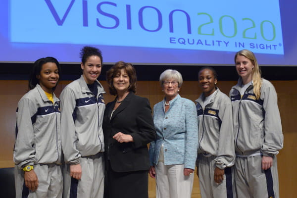 Vision 2020 Co-Chairs Lynn Yeakel and Rosemarie Greco with the Women’s Basketball Drexel Dragons.