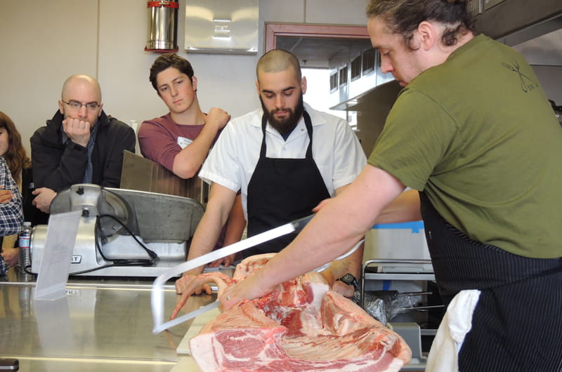 The 2014 Philly Chef Conference featured a whole pig butchery demonstration by Dean Carlson of Wyebrook Farm and Andrew Wood of Russet.