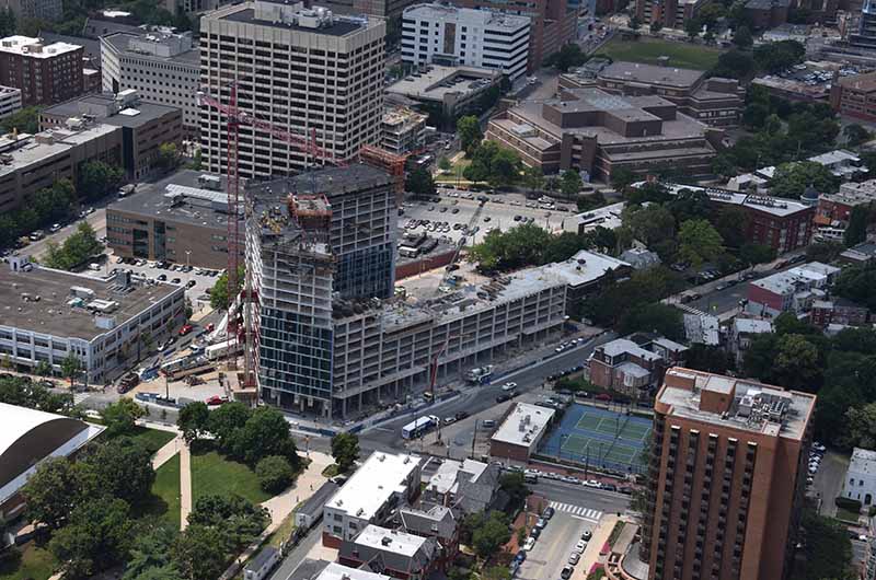 In perhaps the most dramatic change to the Drexel skyline, American Campus Communities’ 580,000 square foot student housing, dining and retail complex has risen 24 stories out of the ground at the corner of Lancaster Avenue and 34th Street. 