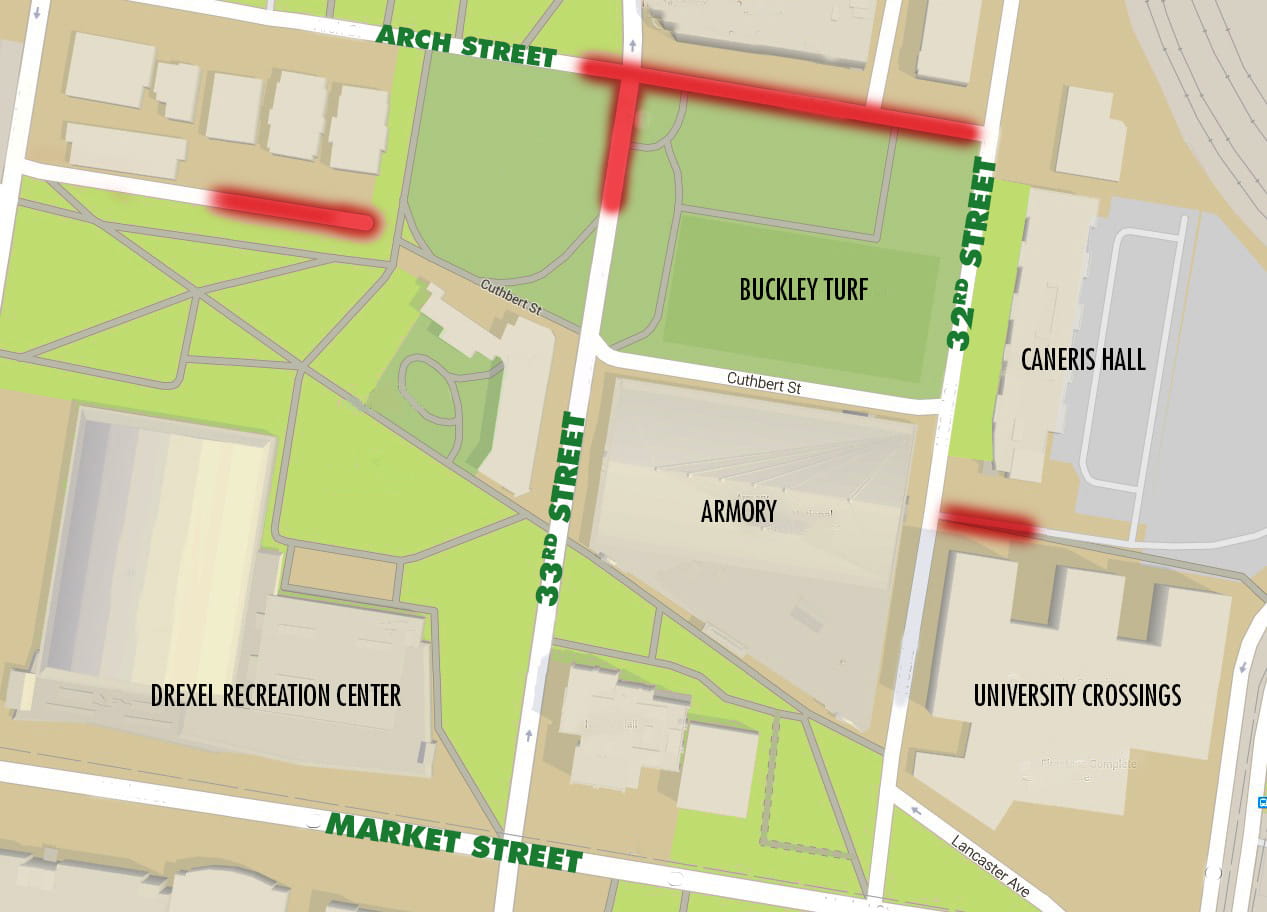 A map showing the areas where food trucks will be allowed on Drexel campus, including Arch Street between 33rd and 32nd street and several access roads.