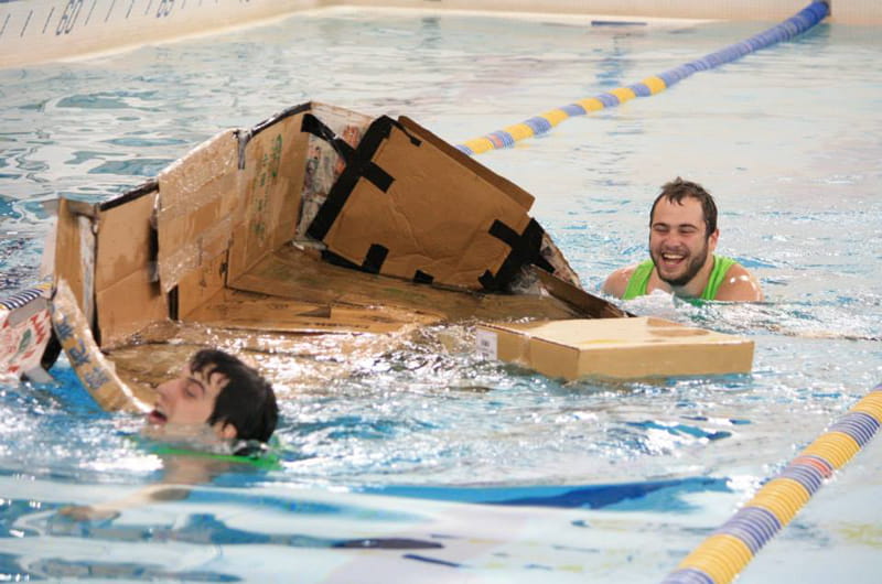 One of the less-than-succesful teams in 2014's Rec Recycle Regatta with the remains of their cardboard boat. Courtesy of Drexel Recreational Athletics.