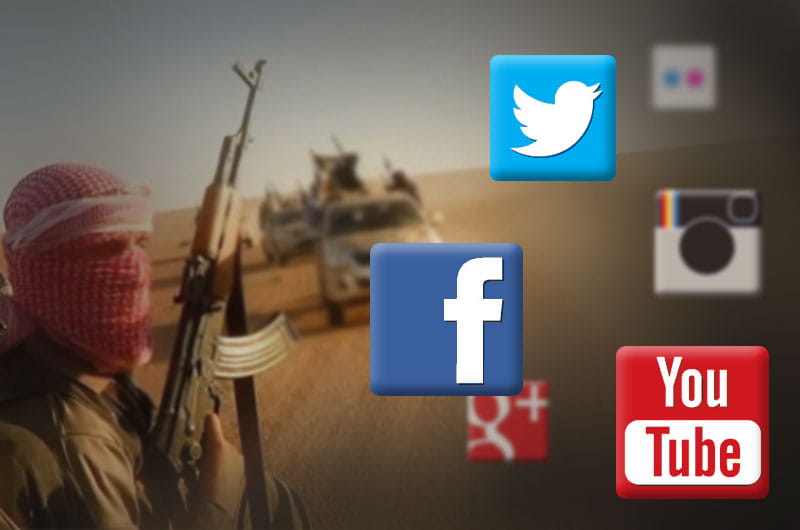 Masked man holding an assault rifle with social media icons nearby.