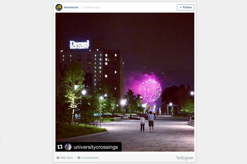 An Instagram post depicting fireworks seen from Perelman Plaza at Drexel. 