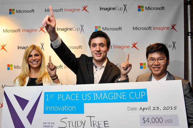 The StudyTree team after winning the Microsoft Imagine Cup United States Final, from left to right, Robyn Freedman, Ethan Keiser, and Phuoc Phan. Courtesy of Microsoft.