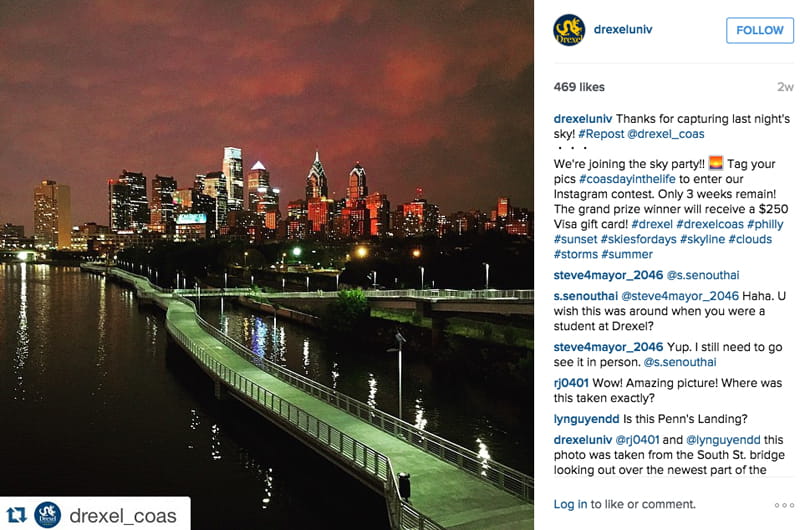 The Philadelphia skyline after a storm, as depicted in an Instagram post by Drexel's College of Arts and Sciences.