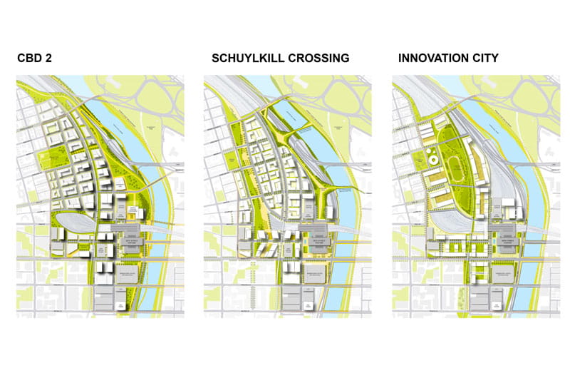 Diagrams of rail yard district concepts