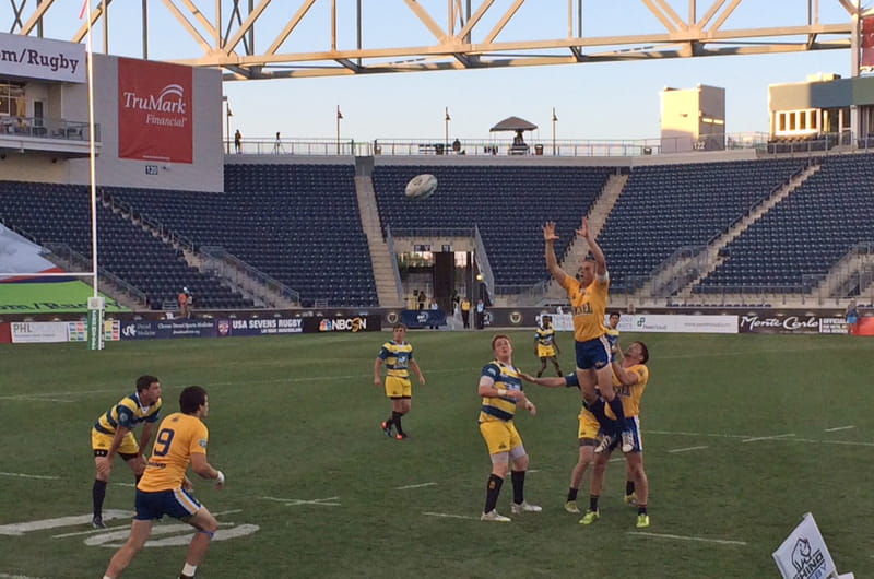 Drexel executing a play during its round robin game against La Salle in PPL Park during the Philadelphia showcase tournament.