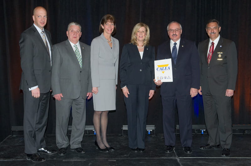 At the awarding of the Drexel Police's reacreditation, from left to right, W. Craig Hartley Jr., executive director of Commission on Accreditation for Law Enforcement Agencies, Inc., Robert Lis, associate director of investigations, Drexel Police, Eileen Behr, director of police operations, Drexel Police, Jane Kelly, accreditation manager, Drexel Police, Domenic Ceccanecchio, vice president of Drexel Public Safety, and Richard W. Myers, chairman, Commission on Accreditation for Law Enforcement Agencies Inc.