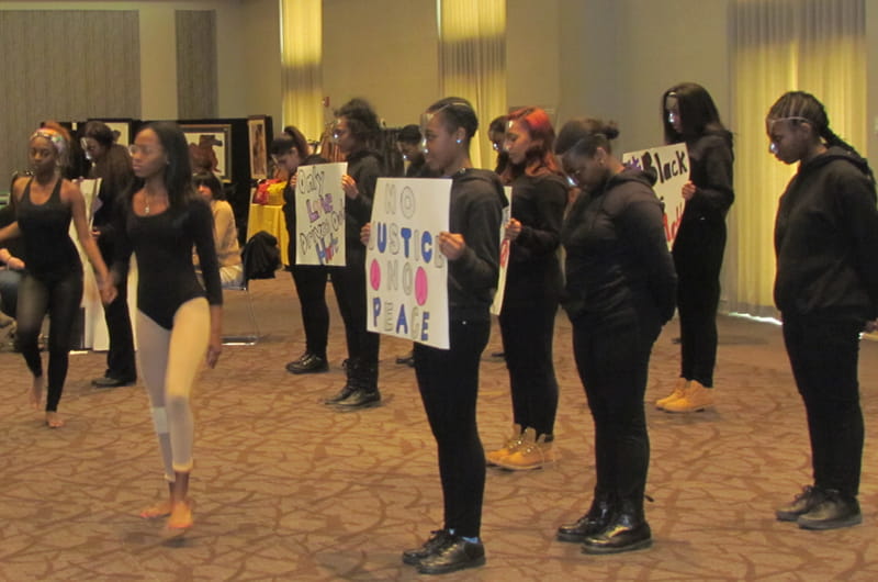The Blue Diamond Step Team performing at the Black History Month Closing Reception.