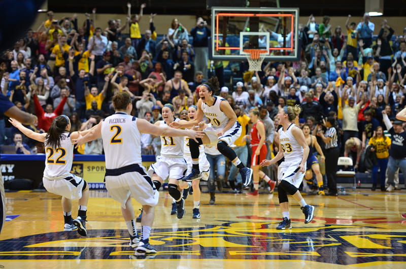 The moment the women's basketball team won the Women's National Invitation Tournament in 2013. Photo by Greg Carroccio/Sideline Photos.