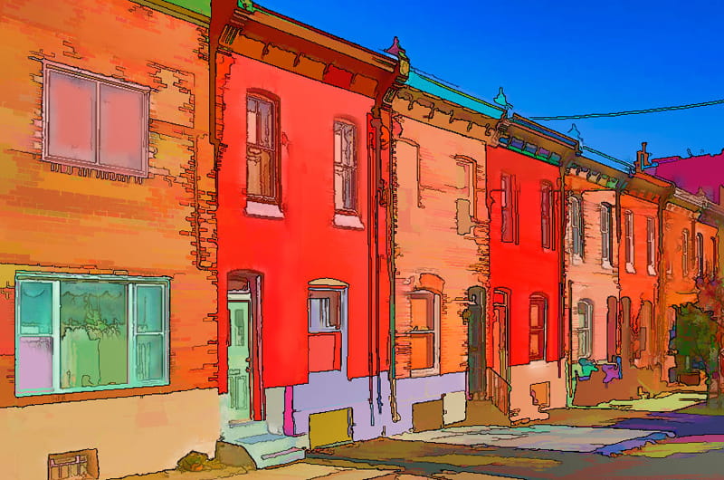 A painting of Philadelphia row homes by Project HOME resident Andreas Walsh.