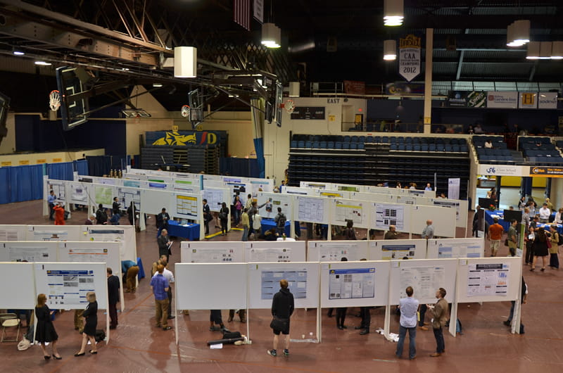 One side of Drexel Research Day set up on the basketball court in the Daskalakis Athletic Center.