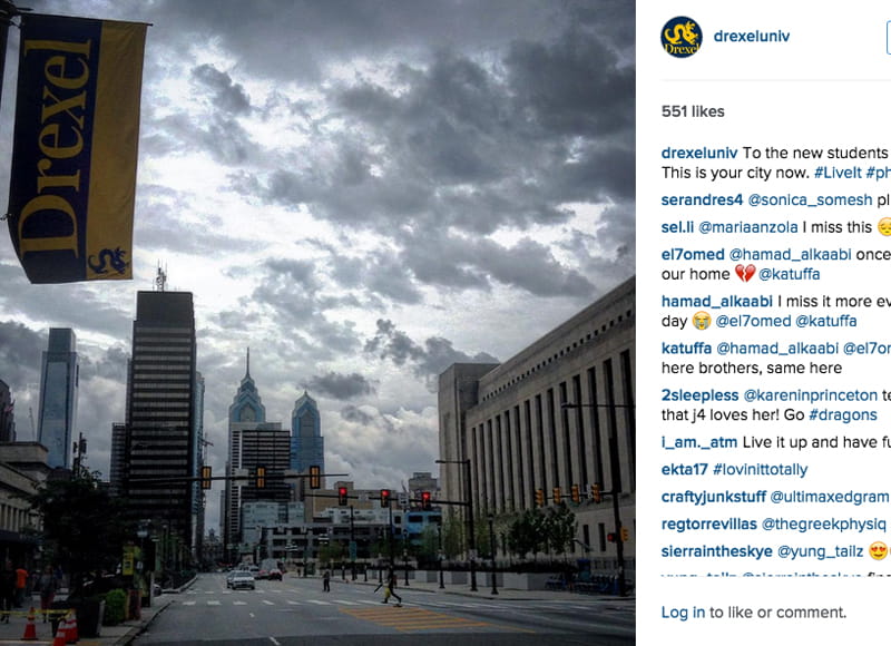 The Philadelphia skyline on a grey day in an Instagram post telling new Drexel students that the "city is yours."