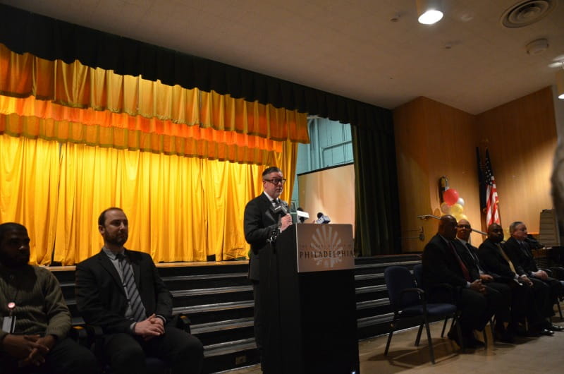Drexel President John Fry speaks at Morton McMichael School.