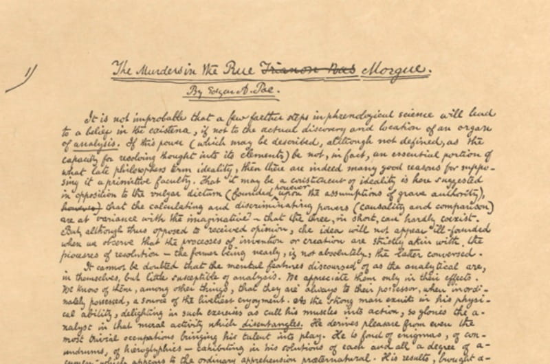 A facsimilie of the original manuscript for Edgar Allan Poe's "The Murders in the Rue Morgue."