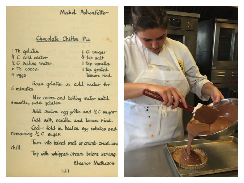 The original 1945 recipe for Eleanor Matheson's chocolate chiffon pie, left. Manager of the Drexel Food Lab Ally Zeitz, '15, recreates the recipe in the photo on the right.