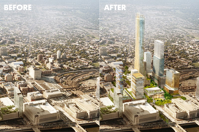 Schuylkill Yards rendering before and after