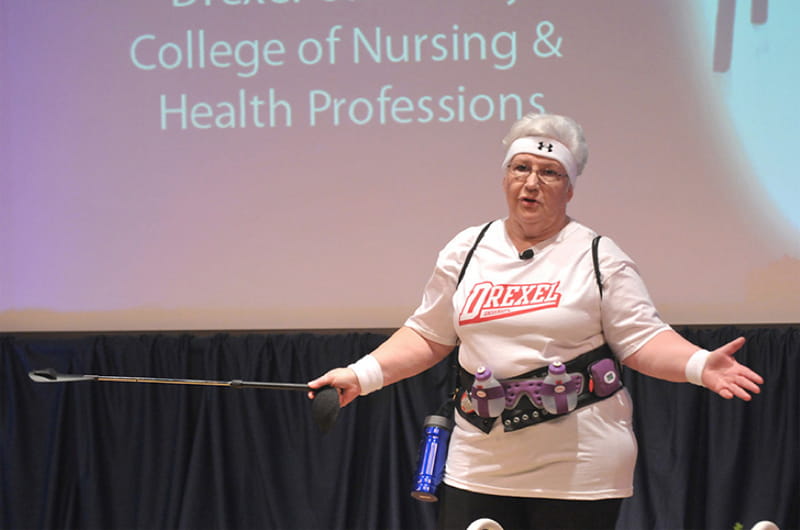 College of Nursing and Health Professions Dean Gloria Donnelly during her first comedy performance in 2010.