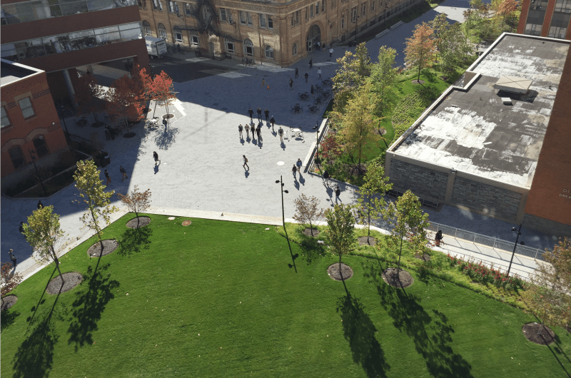 An aerial shot of Perelman Plaza at the beginning of the fall quarter to showcase the wide variety of trees, perennials and grounds offering fall color. Photo courtesy Scott Dunham.