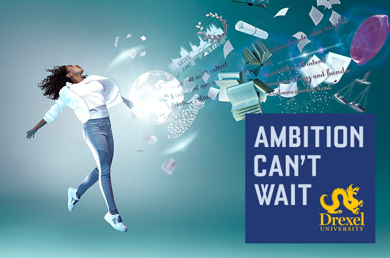 Nicole Deroux, a junior marketing major in the LeBow College of Business, appears in a finished ad in the "Ambition Can't Wait" campaign.