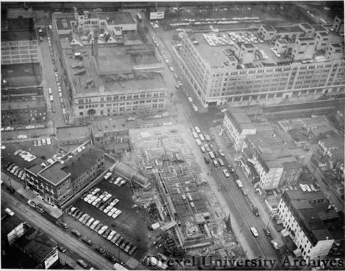 Aerial view of Drexel's campus, looking east from 33rd and Chestnut Streets, in 1953, when Gerber first came to campus. Photo courtesy Drexel University Archives.